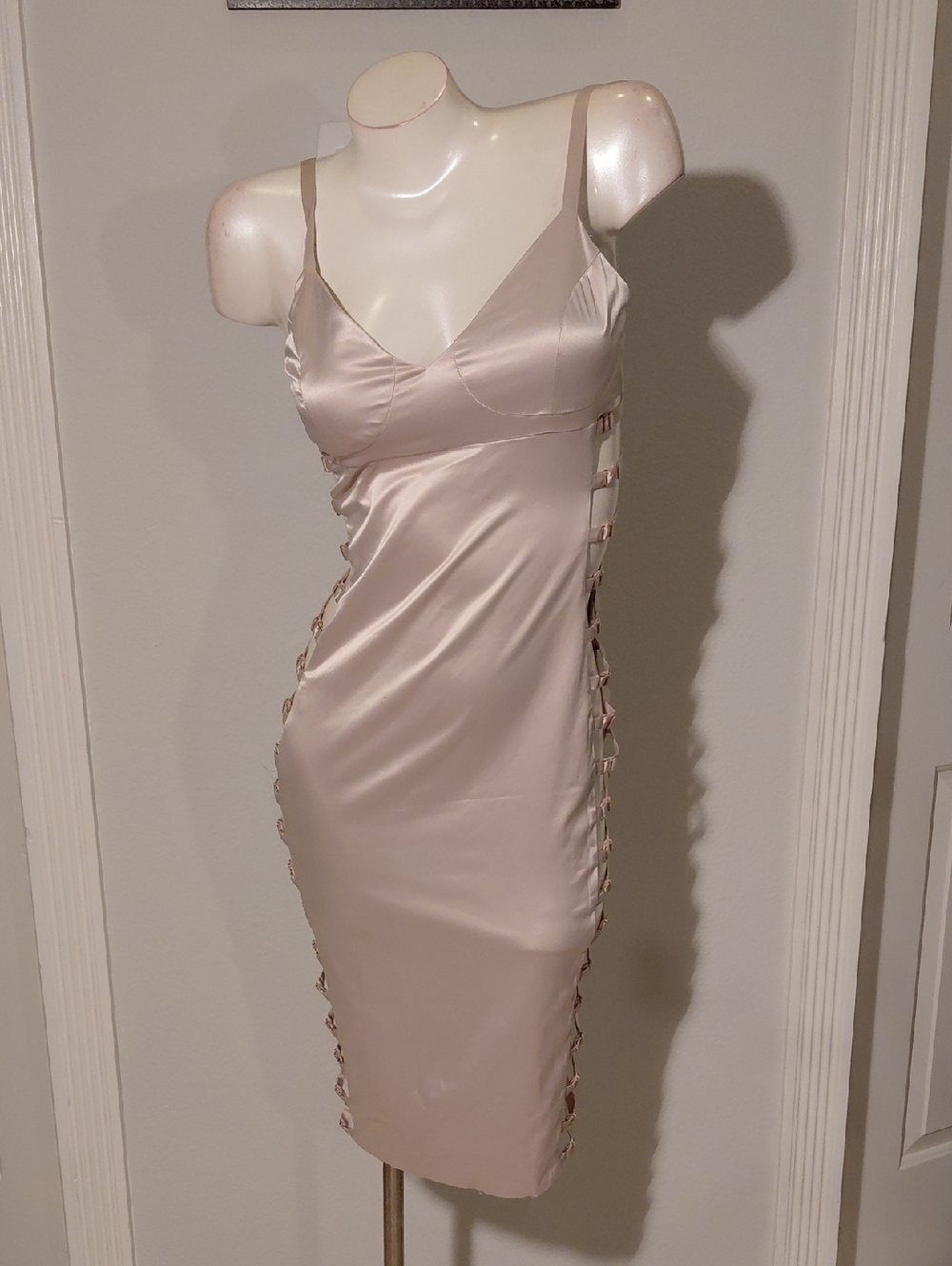 Satin Lace-Up Side Midi Dress in Blush